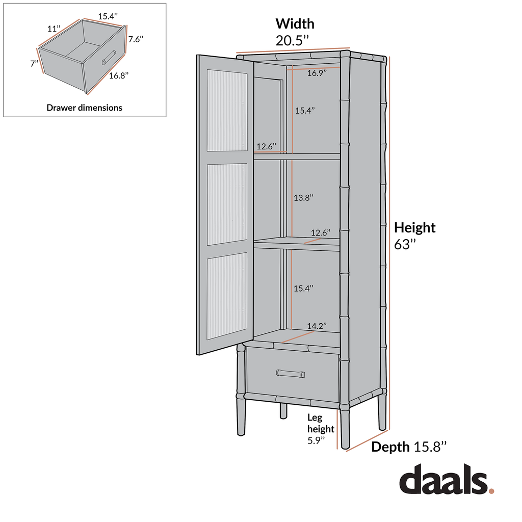 Elstowe Faux Bamboo and Fluted Glass 1-Door Cabinet, Warm Gray