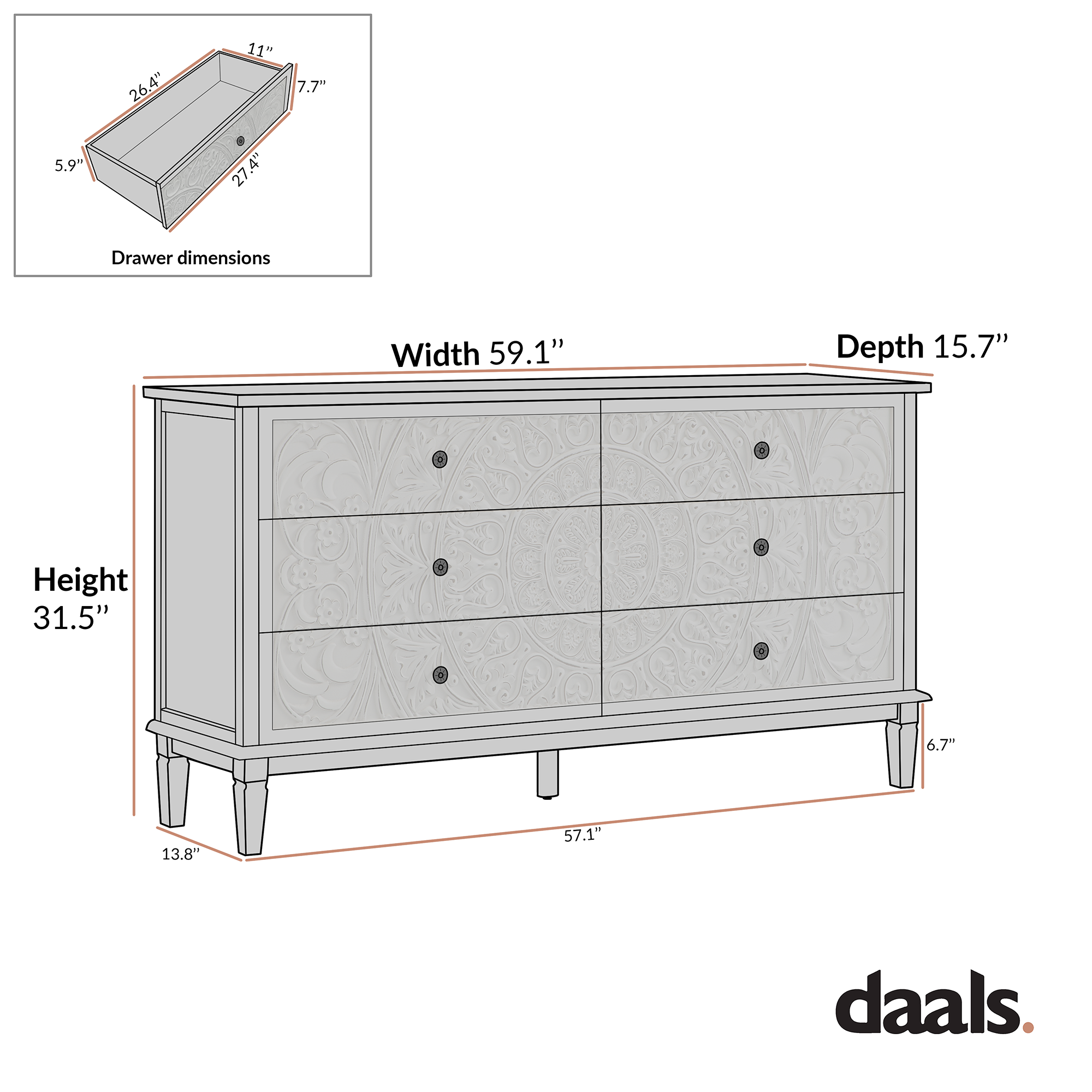 Chantilly Mid Gray Carved Wide 6 Drawer Dresser