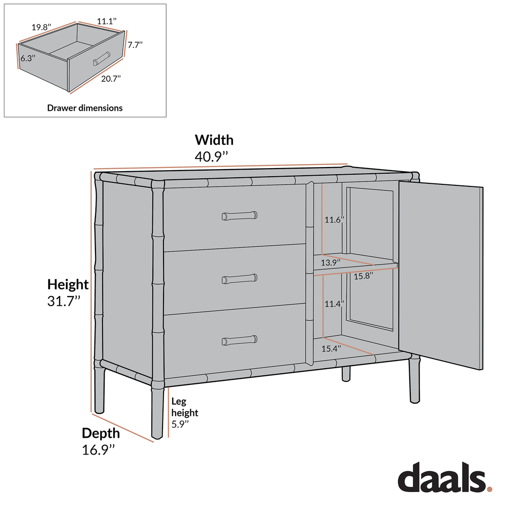 Elstowe Faux Bamboo 1-Door 3-Drawer Sideboard, Warm Gray