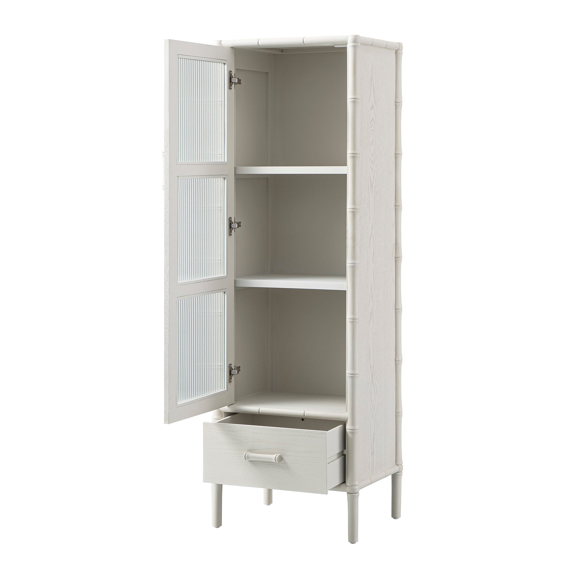 Elstowe Faux Bamboo and Fluted Glass 1-Door Cabinet, Shaded White