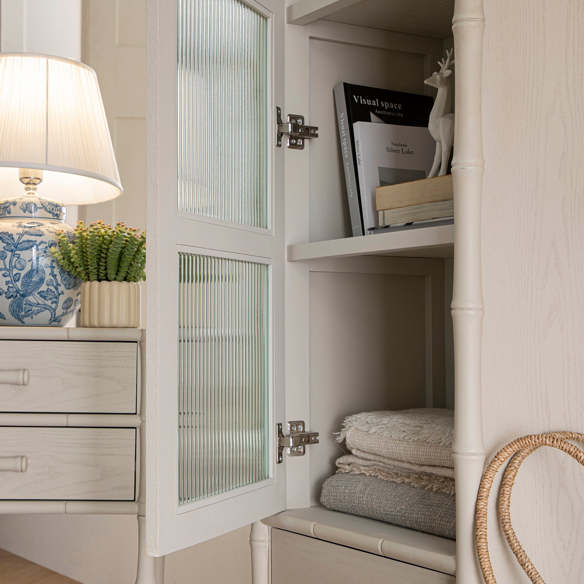 Elstowe Faux Bamboo and Fluted Glass 1-Door Cabinet, Shaded White