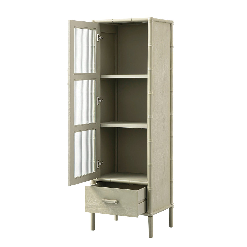 Elstowe Faux Bamboo and Fluted Glass 1-Door Cabinet, Sage Green
