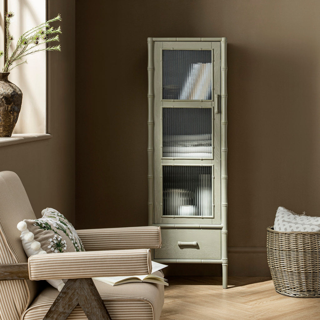 Elstowe Faux Bamboo and Fluted Glass 1-Door Cabinet, Sage Green