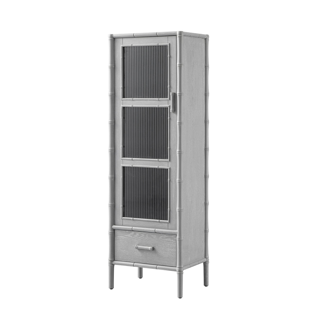 Elstowe Faux Bamboo and Fluted Glass 1-Door Cabinet, Warm Gray