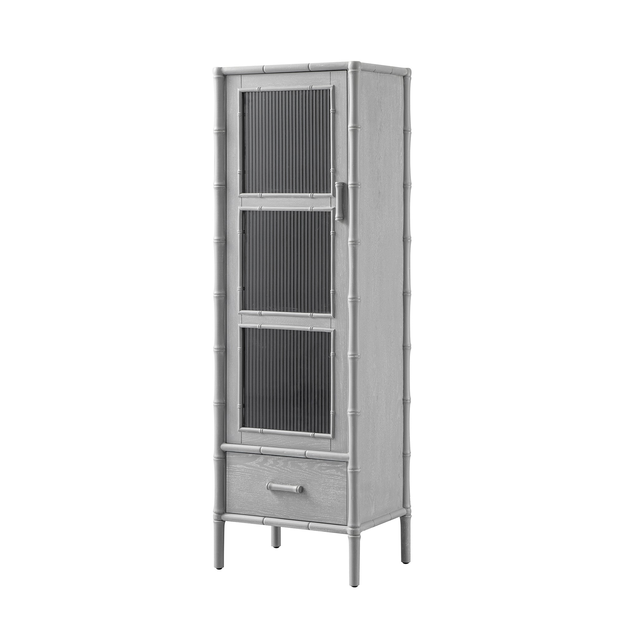 Elstowe Faux Bamboo and Fluted Glass 1-Door Cabinet, Warm Gray
