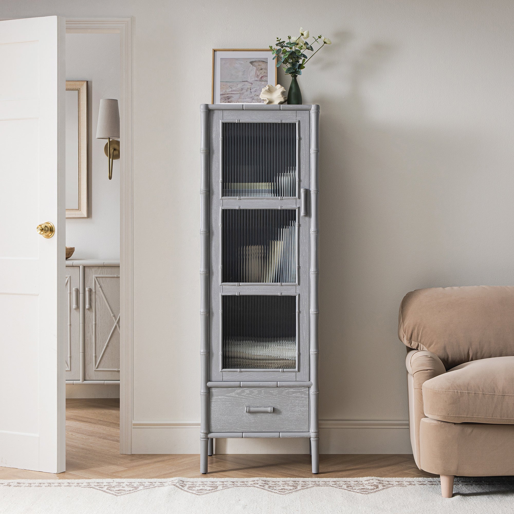 Elstowe Faux Bamboo and Fluted Glass 1-Door Cabinet, Warm Gray
