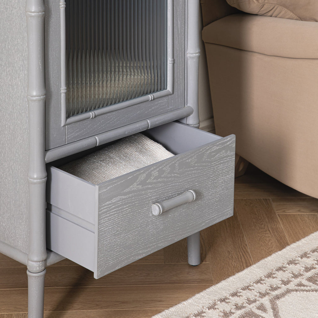 Elstowe Faux Bamboo and Fluted Glass 1-Door Cabinet, Warm Gray
