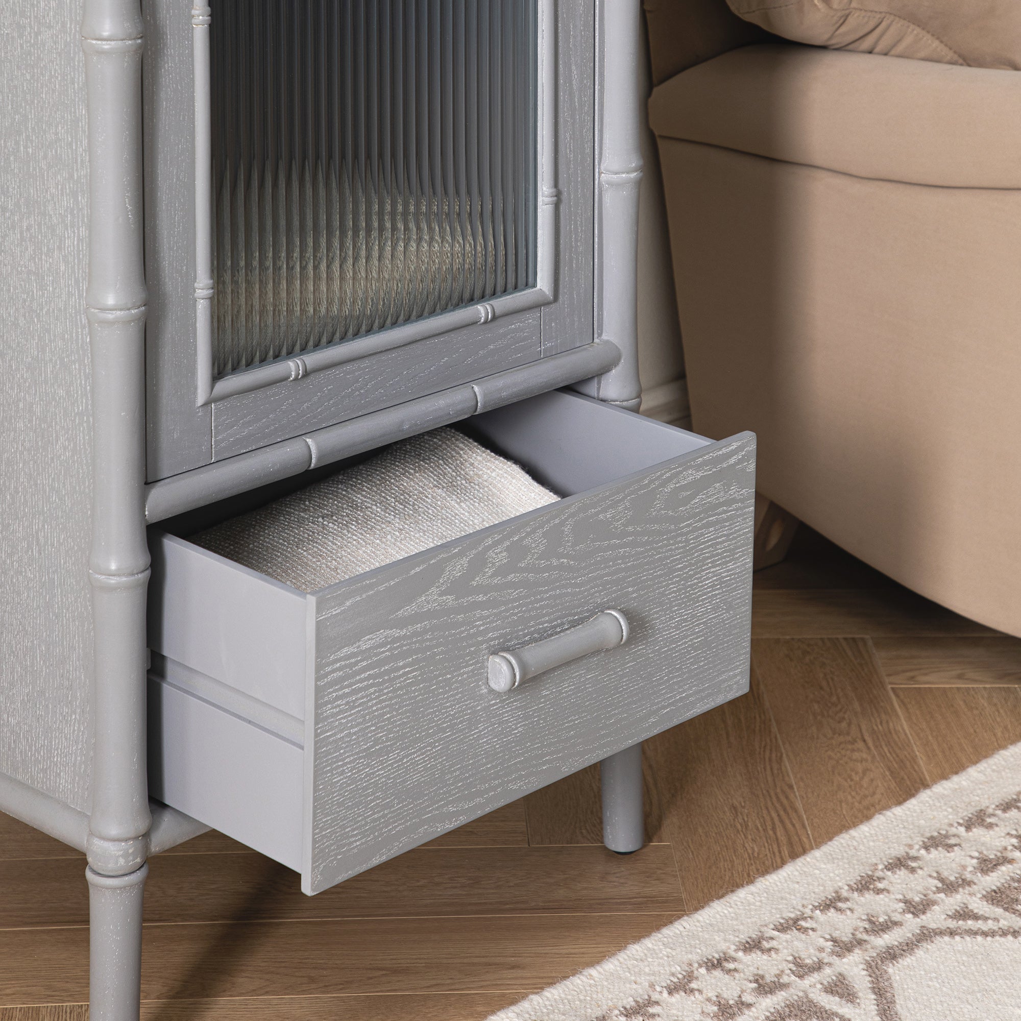 Elstowe Faux Bamboo and Fluted Glass 1-Door Cabinet, Warm Gray