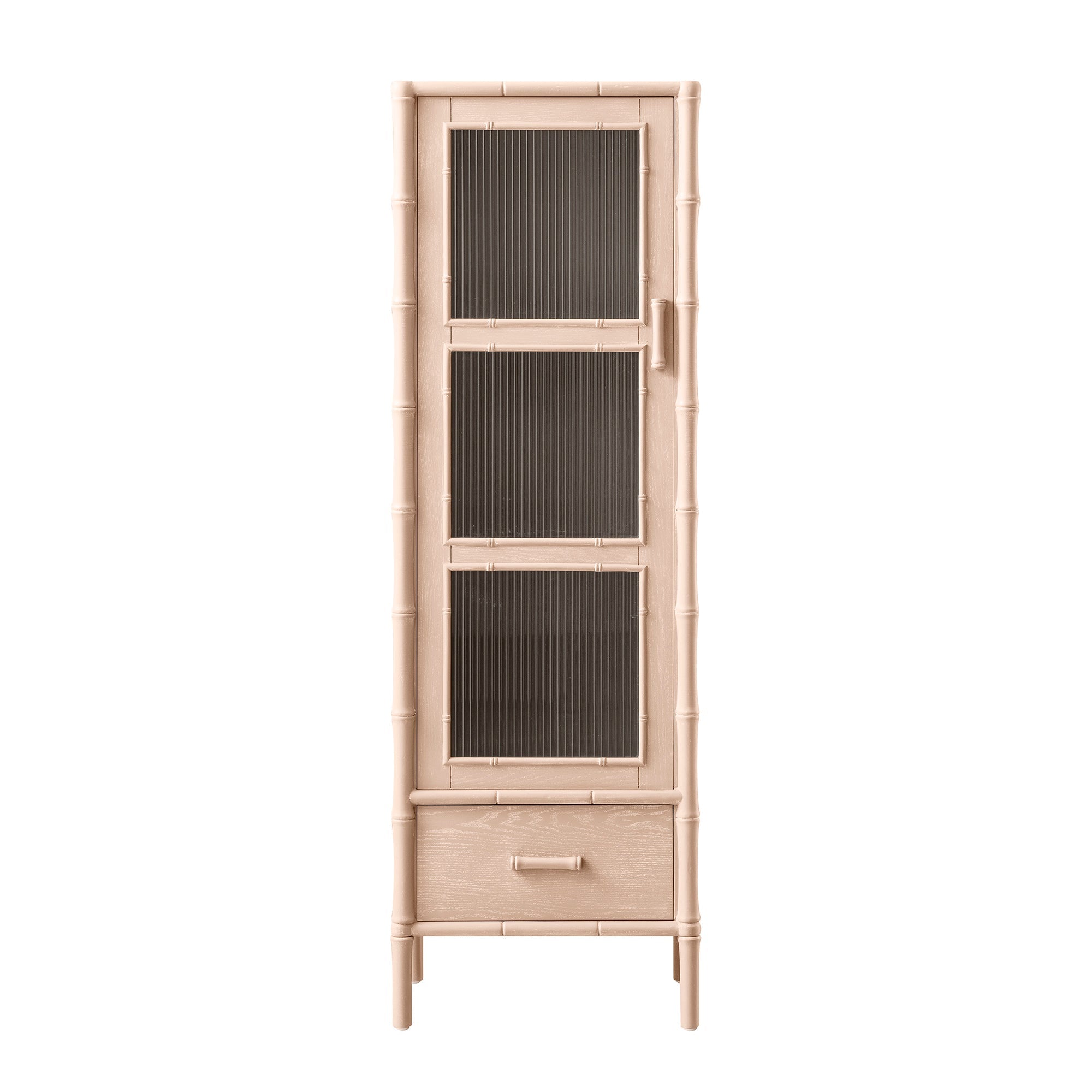 Elstowe Faux Bamboo and Fluted Glass 1-Door Cabinet, Nude Pink
