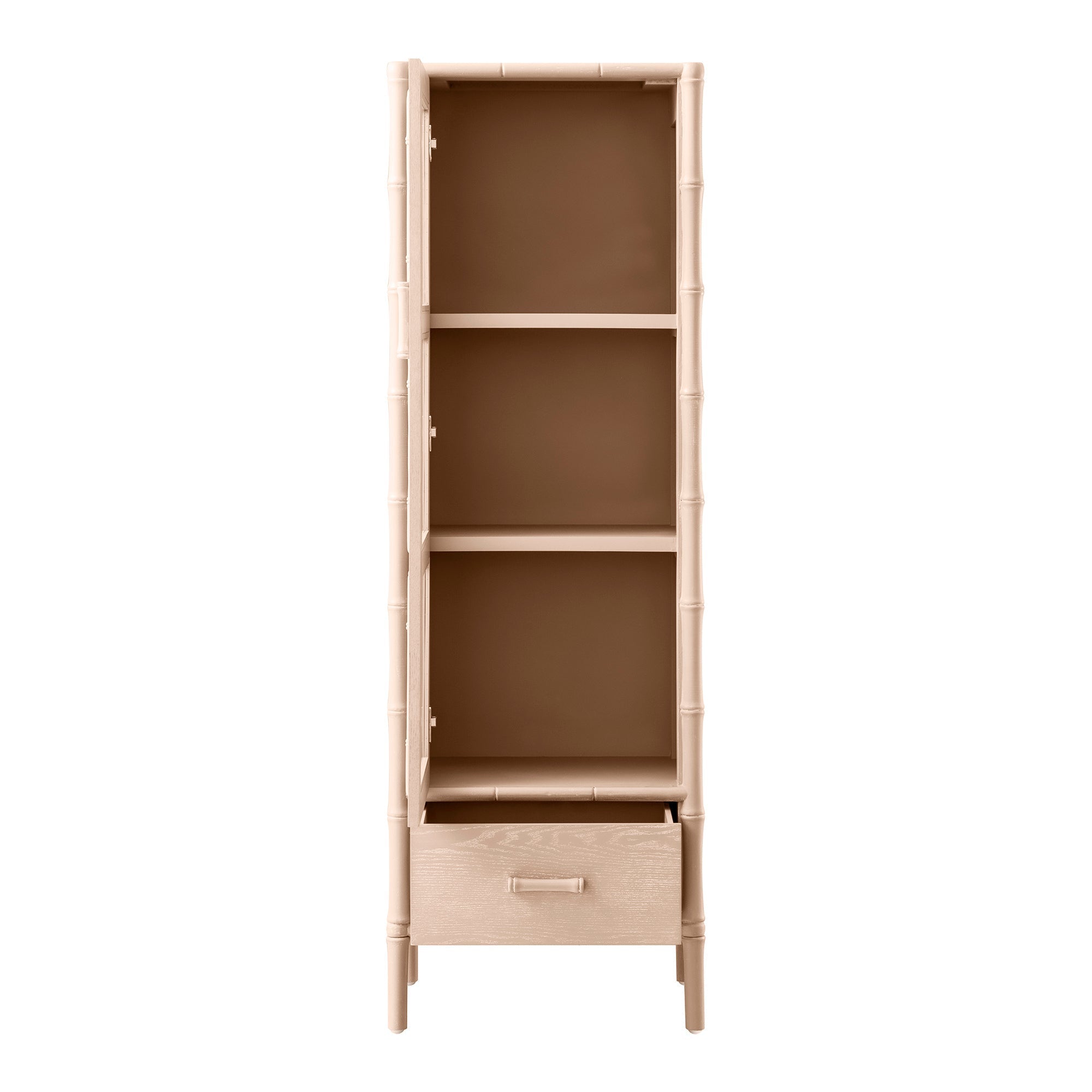 Elstowe Faux Bamboo and Fluted Glass 1-Door Cabinet, Nude Pink