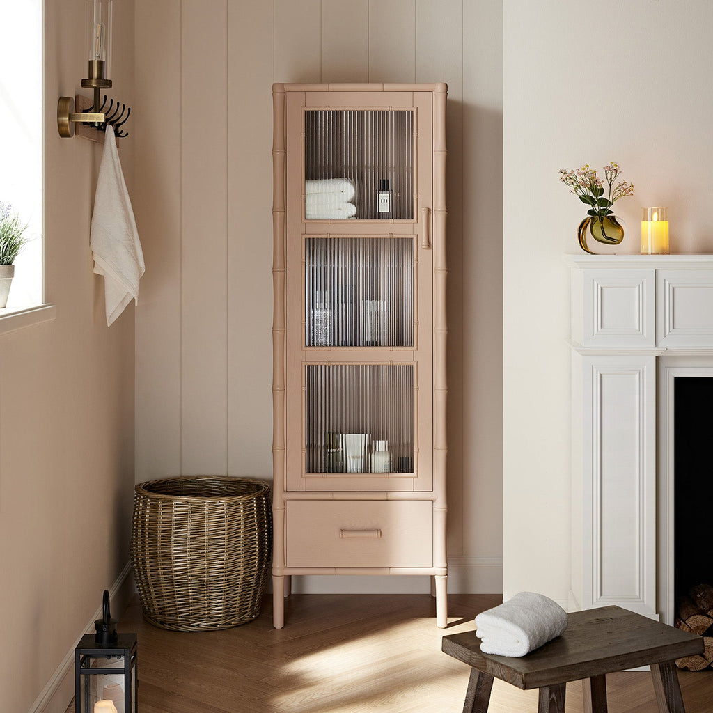 Elstowe Faux Bamboo and Fluted Glass 1-Door Cabinet, Nude Pink