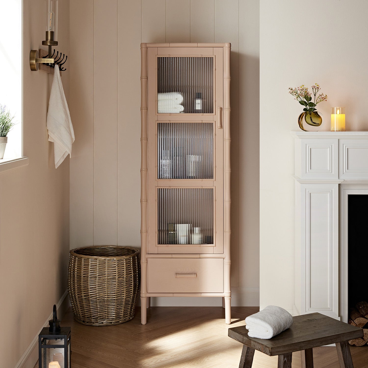 Elstowe Faux Bamboo and Fluted Glass 1-Door Cabinet, Nude Pink