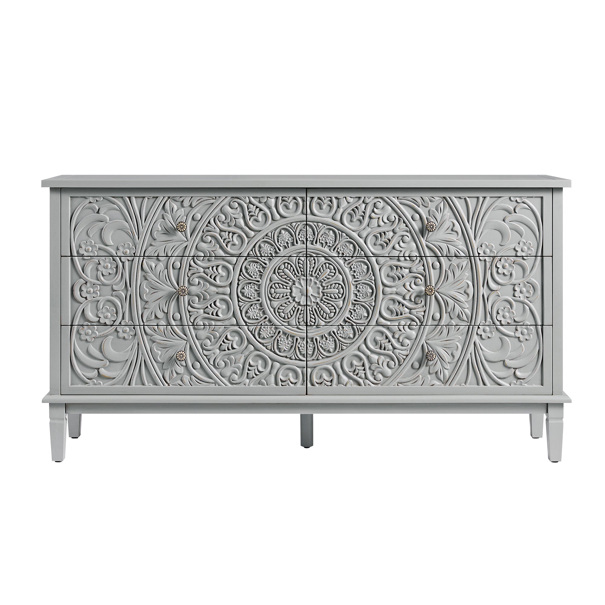 Chantilly Mid Gray Carved Wide 6 Drawer Dresser