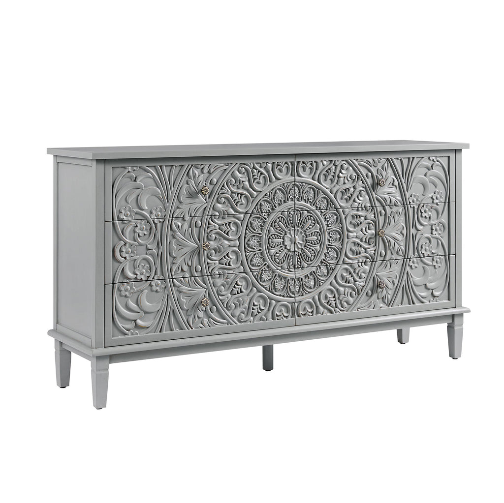 Chantilly Mid Gray Carved Wide 6 Drawer Dresser