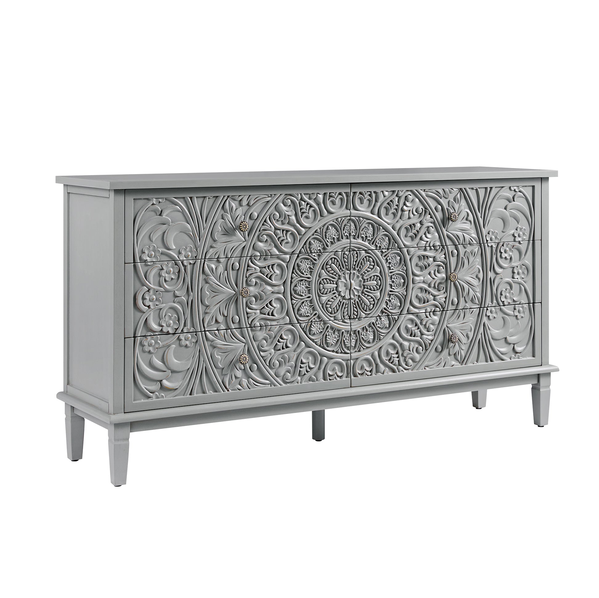 Chantilly Mid Gray Carved Wide 6 Drawer Dresser