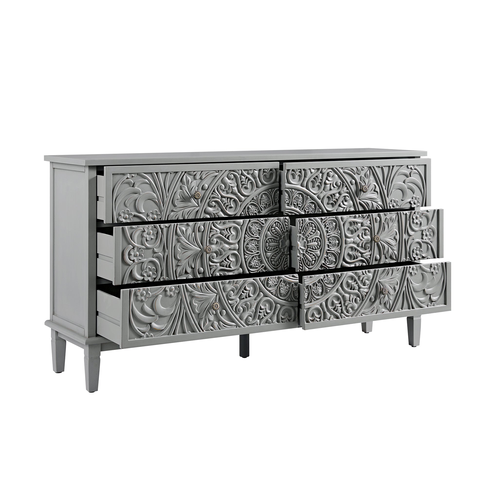 Chantilly Mid Gray Carved Wide 6 Drawer Dresser