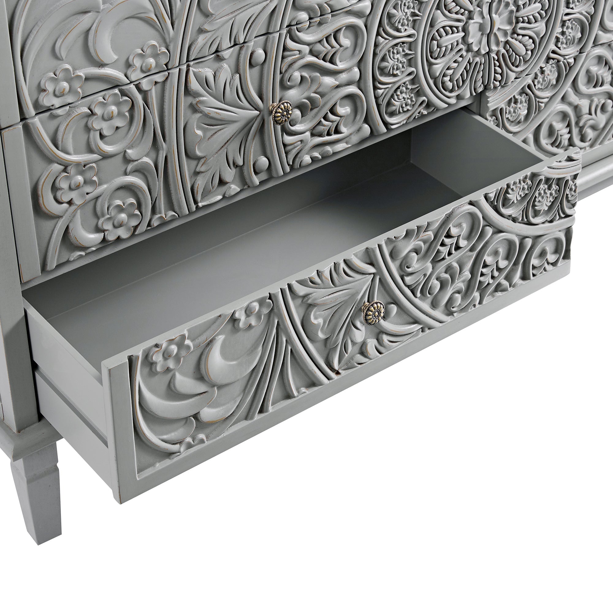 Chantilly Mid Gray Carved Wide 6 Drawer Dresser