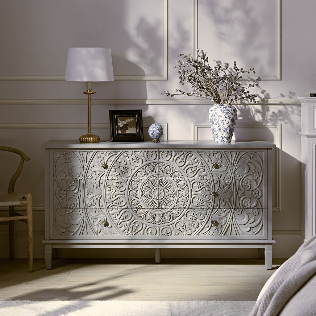 Chantilly Mid Gray Carved Wide 6 Drawer Dresser