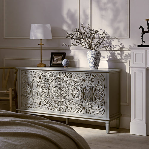 Chantilly Mid Gray Carved Wide 6 Drawer Dresser