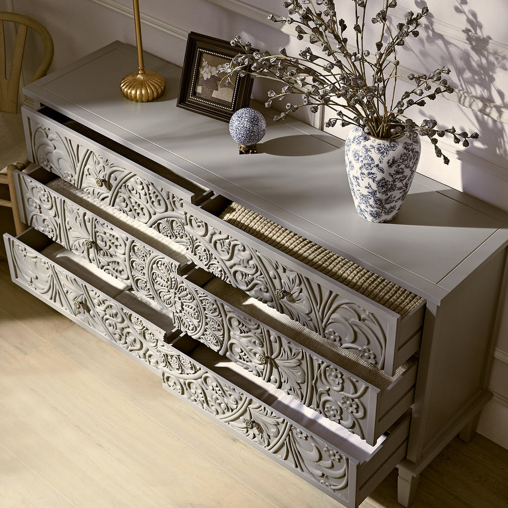 Chantilly Mid Gray Carved Wide 6 Drawer Dresser