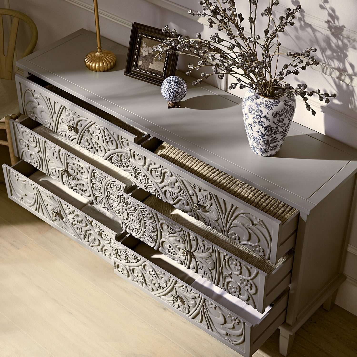 Chantilly Mid Gray Carved Wide 6 Drawer Dresser