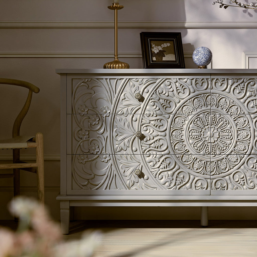 Chantilly Mid Gray Carved Wide 6 Drawer Dresser