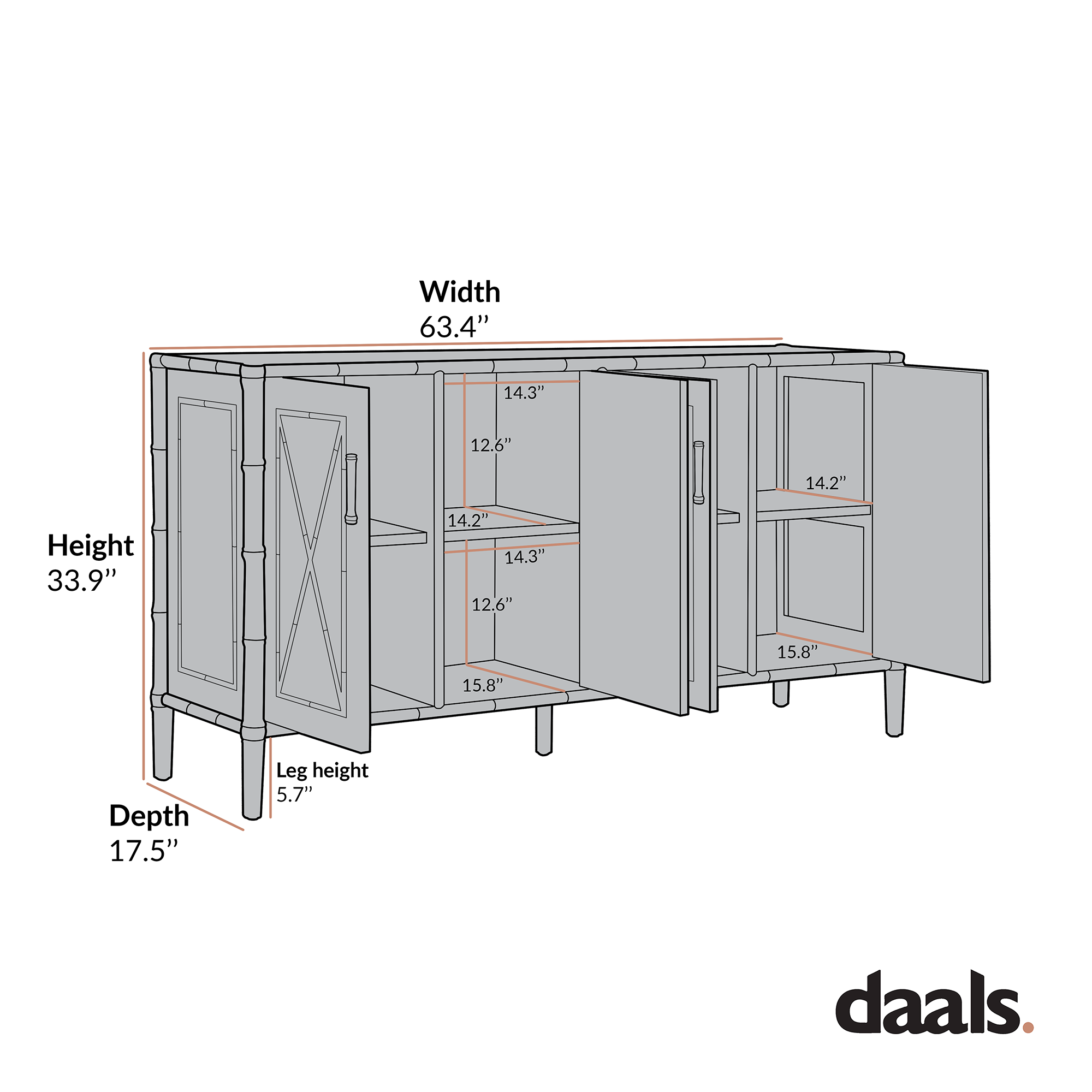 Elstowe Faux Bamboo Large Sideboard, Nude Pink