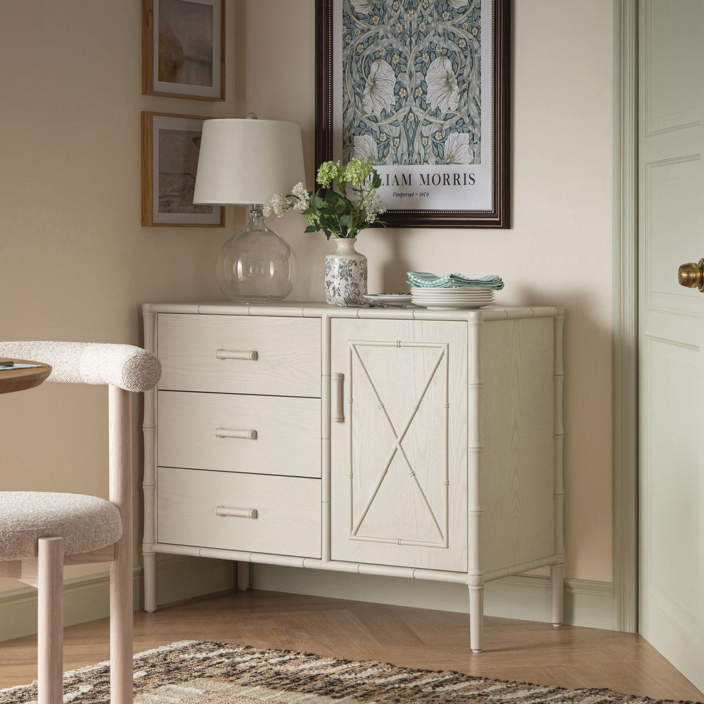 Elstowe Faux Bamboo 1-Door 3-Drawer Sideboard, Shaded White