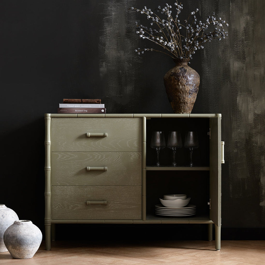 Elstowe Faux Bamboo 1-Door 3-Drawer Sideboard, Sage Green