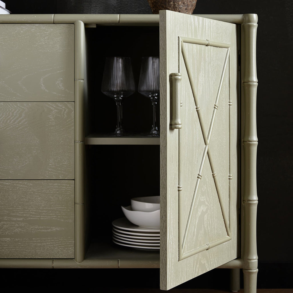 Elstowe Faux Bamboo 1-Door 3-Drawer Sideboard, Sage Green