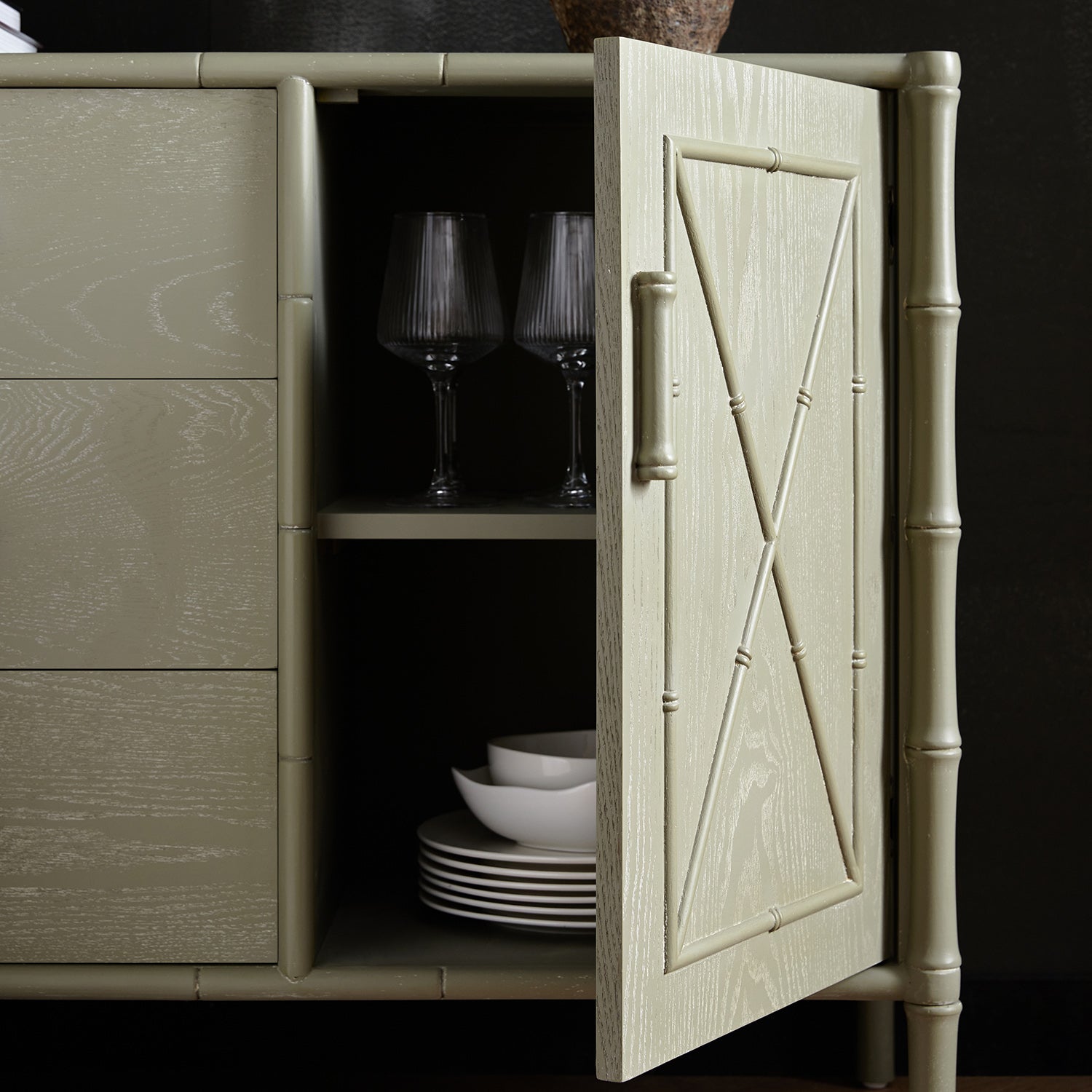 Elstowe Faux Bamboo 1-Door 3-Drawer Sideboard, Sage Green