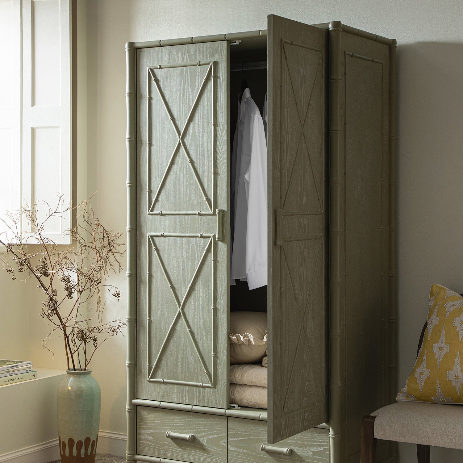 Elstowe Faux Bamboo Double Closet, Sage Green